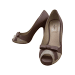 Valentino Dark Beige Leather and Studded Suede Bow Peep Toe Platform Pumps Size 38 - Image 2