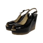 Jimmy Choo Black Patent Leather Prova Cork Wedge Slingback Sandals Size 37.5