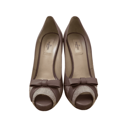 Valentino Dark Beige Leather and Studded Suede Bow Peep Toe Platform Pumps Size 38
