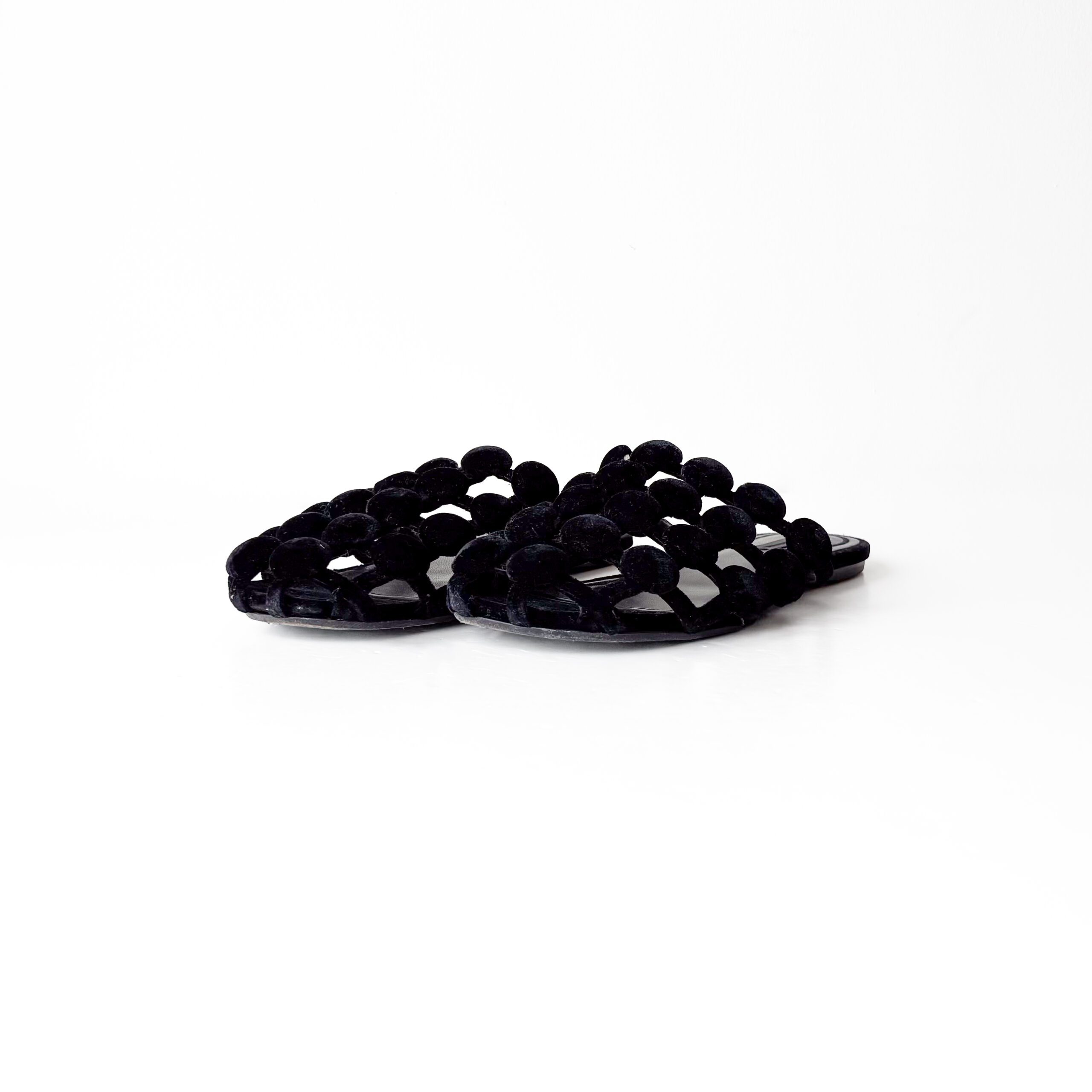 IMG_0707 Alexander Wang Black Velvet Leather Amelia Cage Flat Slides Size 37 - Image 1