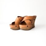 Chloe Tan Leather Cork Wedge Criss Cross Platform Slide Sandals Size 37