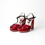 Prada Red/Black/Orange Multicolor Suede T Strap Block Heels Platform Sandals Size 37.5