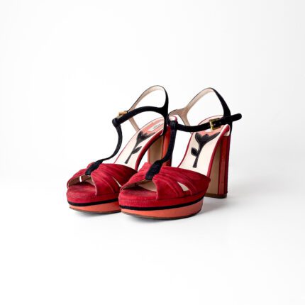 Prada Red/Black/Orange Multicolor Suede T Strap Block Heels Platform Sandals Size 37.5