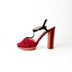Prada Red/Black/Orange Multicolor Suede T Strap Block Heels Platform Sandals Size 37.5 - Image 2