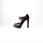 Prada Dark Brown Croc Leather Cut Out Elastic Open Toe Platform Pumps Size 35.5 - Image 2