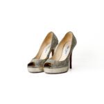 Jimmy Choo Silver Glitter Fabric Dahlia Platform Peep Toe Pumps Size 34