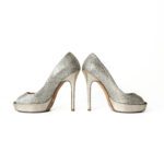 Jimmy Choo Silver Glitter Fabric Dahlia Platform Peep Toe Pumps Size 34 - Image 3