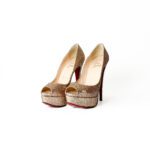 Christian Louboutin Gold Glitter Lady Peep Toe Platform Pumps Size 35