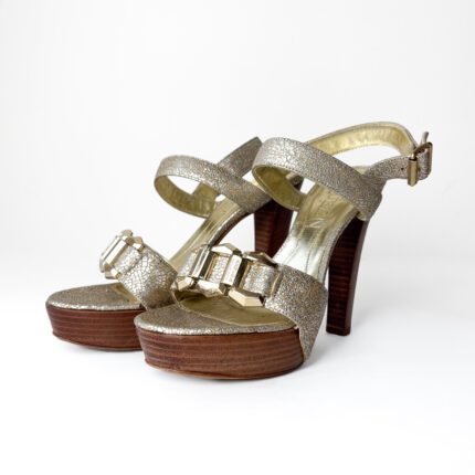 Alexander McQueen Gold Textured Leather Open Toe Ankle Strap Sandals Size 37.5