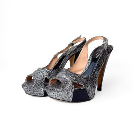 Sergio Rossi Metallic Canvas Peep Toe Slingback Platform Sandals Size 37.5