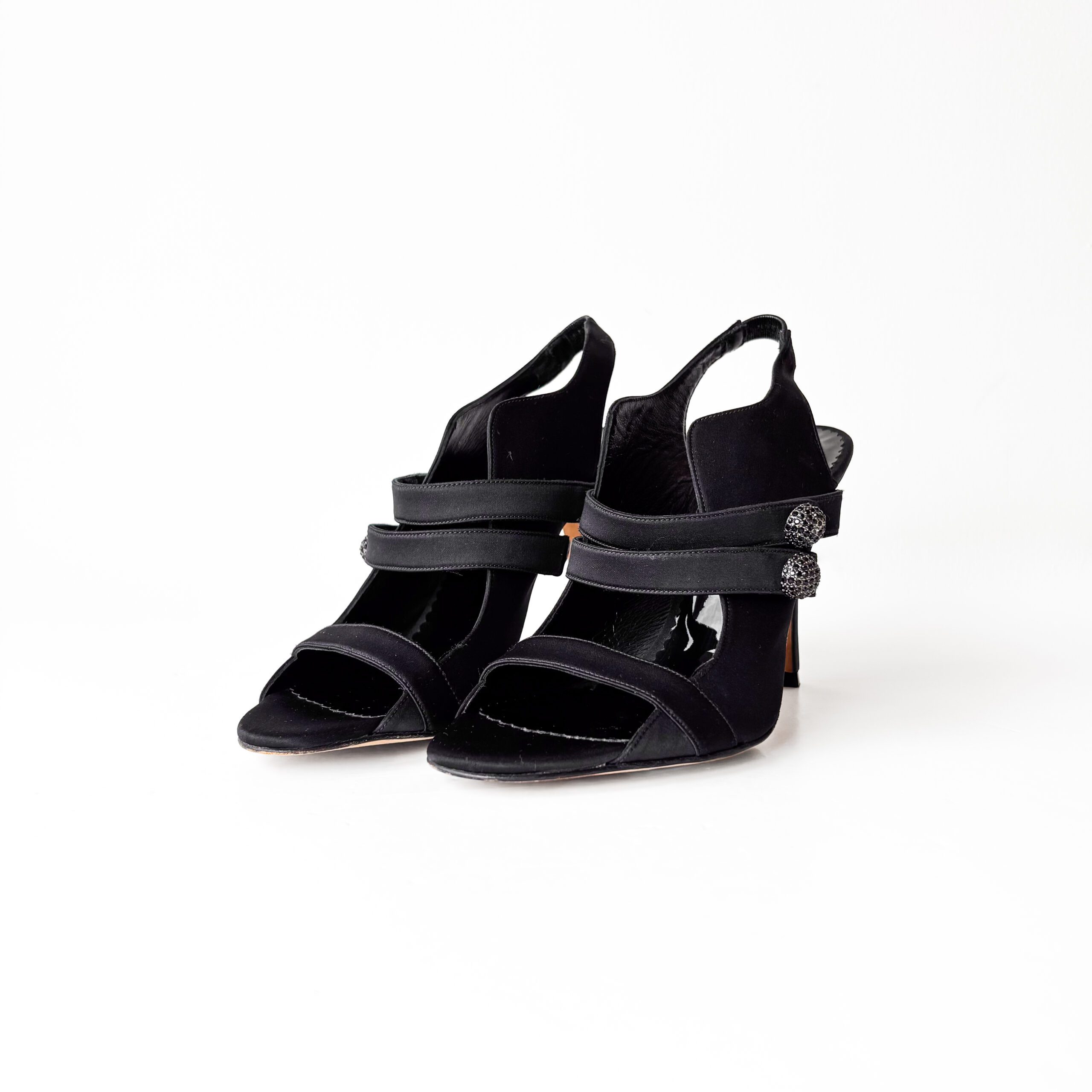 IMG_0869 Carolina Herrera Black Leather Trim Multistrap Slingback Sandals - Image 1