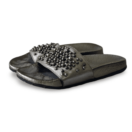 Bottega Veneta Dark-Green Embellished Leather Slides