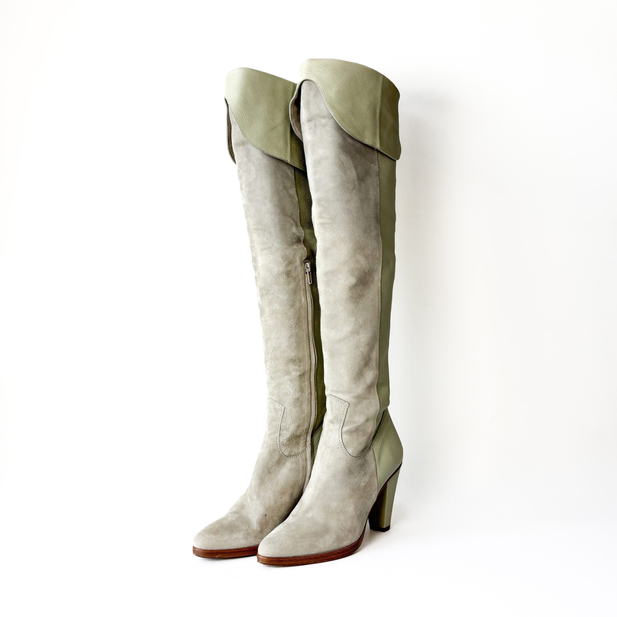 IMG_9638 Chloe Light Green/Brown Suede and Leather Knee Length Boots Size 37.5 - Image 1