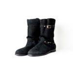 Jimmy Choo Black Suede Leather Biker Boots with Gold Buckles and Shearling Lining Size 38.5