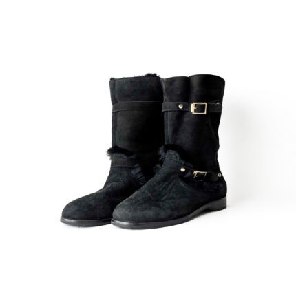Jimmy Choo Black Suede Leather Biker Boots with Gold Buckles and Shearling Lining Size 38.5