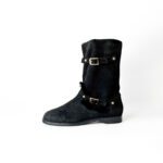 Jimmy Choo Black Suede Leather Biker Boots with Gold Buckles and Shearling Lining Size 38.5 - Image 2