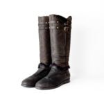 Jimmy Choo Brown Leather Knee Length Boots with Gold Buckles and Shearling Lining Size 38.5