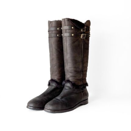 Jimmy Choo Brown Leather Knee Length Boots with Gold Buckles and Shearling Lining Size 38.5