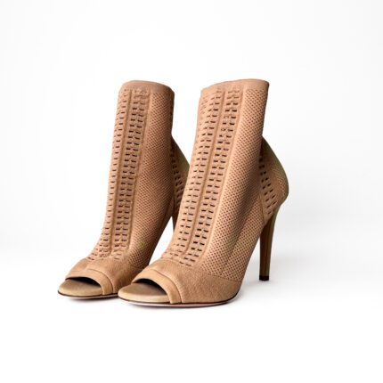 Gianvito Rossi Beige Knit Fabric Open Toe Ankle Boots (Size 37.5)
