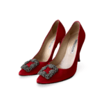 Manolo Blahnik Red Satin Hangisi Crystal Embellished Pointed Toe Pumps, Size 38.5