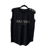 Pre-Loved Balmain Black Gold Foil Logo Military Button Shoulder Tank Top – Size S