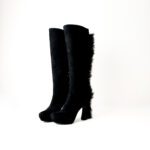 Saint Laurent Black Suede Fur Trim Palais Mohawk Leather Knee-High Heeled Boots - Size 38
