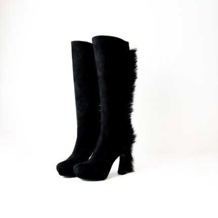 Saint Laurent Black Suede Fur Trim Palais Mohawk Leather Knee-High Heeled Boots - Size 38
