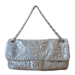 Chanel Silver Patent Vinyl Graphic Edge Classic Flap Bag