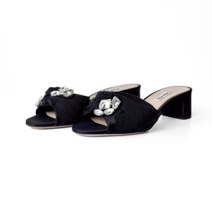 Miu Miu Black Patent Leather Bow Crystal Embellished Open Toe Sandals Size 37