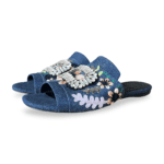 Roger Vivier Strass-Buckle Floral Denim Slide Sandals Size 38