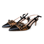 Fendi Vitello FF Embossed Pearland Décolleté Aperta Slingback Pumps – Black/Tobacco Moro (Size 40)