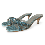Gina Square-Toe Mules in Teal Croc-Embossed Leather with Crystal Embellishments – Size 39