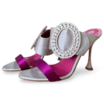 Manolo Blahnik Grey/Purple Satin Fibiona Crystal Embellished Open Toe Sandals – Size 38.5