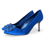 Manolo Blahnik Blue Satin Hangisi Decade 70mm Crystal Embellished Pointed Toe Pumps – Size 38