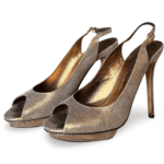 Gina Metallic Gold Lizard Embossed Leather Platform Peep Toe Slingback Sandals – Size 37