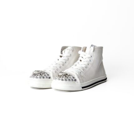 Miu Miu White Crystal Embellished Cotton Gabardine Booties Size 36
