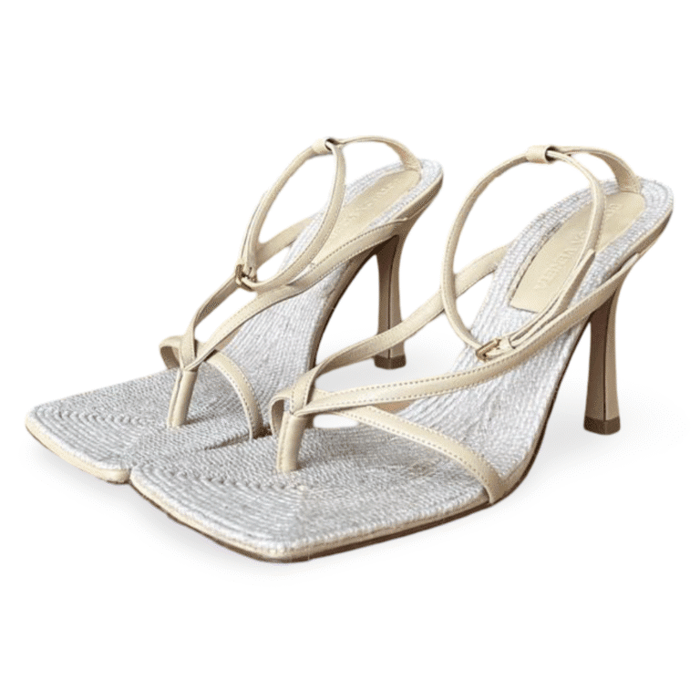 Bottega Veneta Beige Raffia Stretch Ankle Strap Heeled Sandals – Size 37.5
