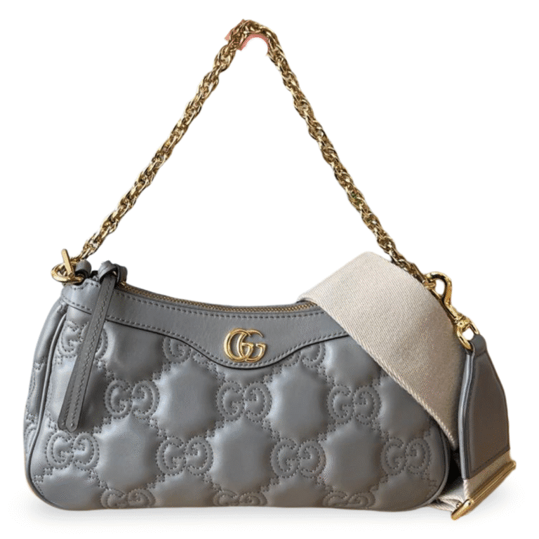 Gucci GG Small Matelassé Leather Shoulder Bag – Dusty Grey/Natural