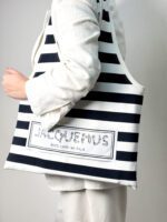 Jacquemus Le Sac Marcel Logo-Appliquéd Striped Stretch-Knit Tote Bag – Off-White & Navy - Image 6