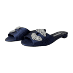Manolo Blahnik Satin Flat Mules with Crystal Buckle Navy Blue – Size 37.5