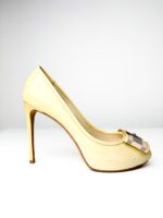 Louis Vuitton Cream Damier Azur Bow Patent Leather Peep-Toe Pumps — Size 38 - Image 3