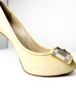 Louis Vuitton Cream Damier Azur Bow Patent Leather Peep-Toe Pumps — Size 38 - Image 4