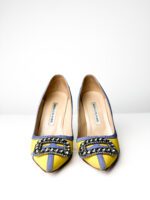 Manolo Blahnik Yellow Satin with Blue Trim & Crystal Buckle Hangisi Pumps — Size 38 - Image 2