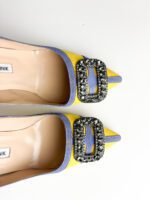 Manolo Blahnik Yellow Satin with Blue Trim & Crystal Buckle Hangisi Pumps — Size 38 - Image 6
