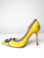 Manolo Blahnik Yellow Satin with Blue Trim & Crystal Buckle Hangisi Pumps — Size 38 - Image 3