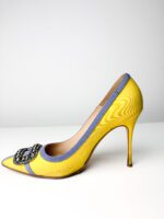 Manolo Blahnik Yellow Satin with Blue Trim & Crystal Buckle Hangisi Pumps — Size 38 - Image 5