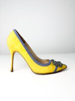 Manolo Blahnik Yellow Satin with Blue Trim & Crystal Buckle Hangisi Pumps — Size 38 - Image 4