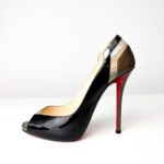 Christian Louboutin Black & Taupe Patent Leather with PVC Accents  Technicatina 120 Peep-Toe Pumps — Size 39