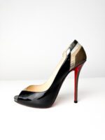 Christian Louboutin Black & Taupe Patent Leather with PVC Accents  Technicatina 120 Peep-Toe Pumps — Size 39