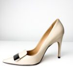 Sergio Rossi SR1 Pointed-Toe Beige Patent Leather with Silver Plate Pumps — Size 38 - Image 4